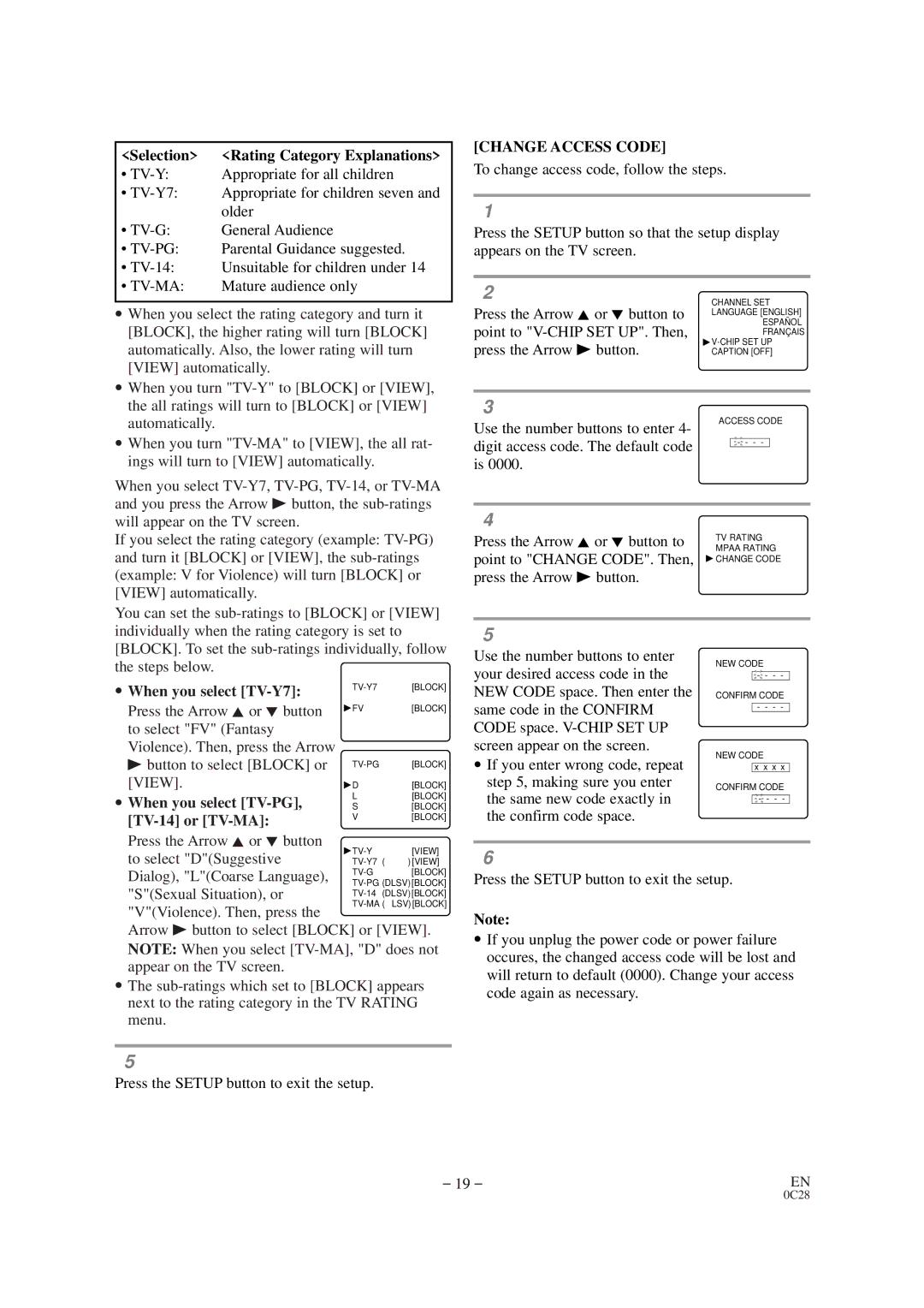 Emerson EWC19D1 owner manual Change Access Code, When you select TV-Y7, When you select TV-PG, TV-14 or TV-MA 