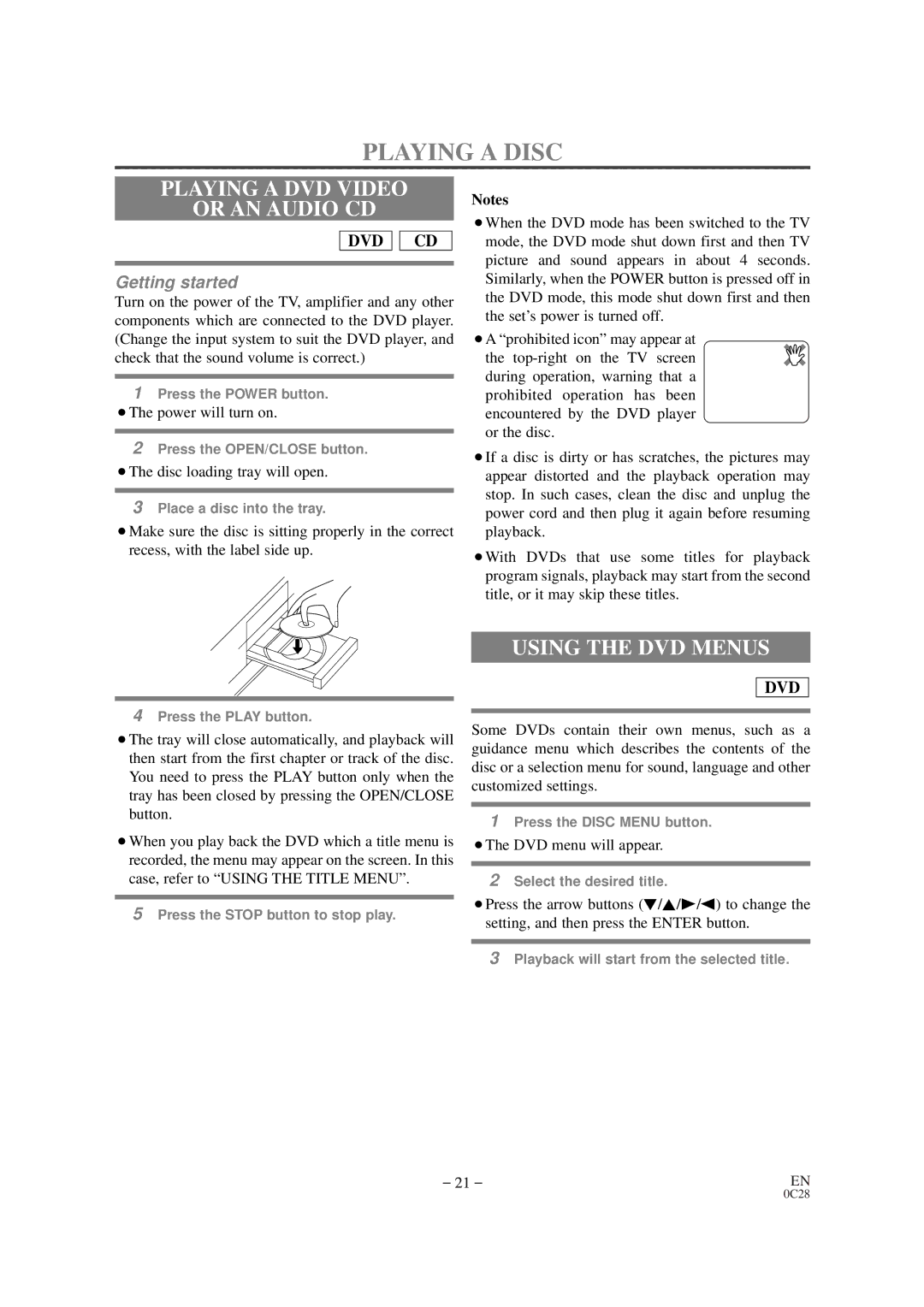 Emerson EWC19D1 owner manual Playing a Disc, Playing a DVD Video Or AN Audio CD, Using the DVD Menus 