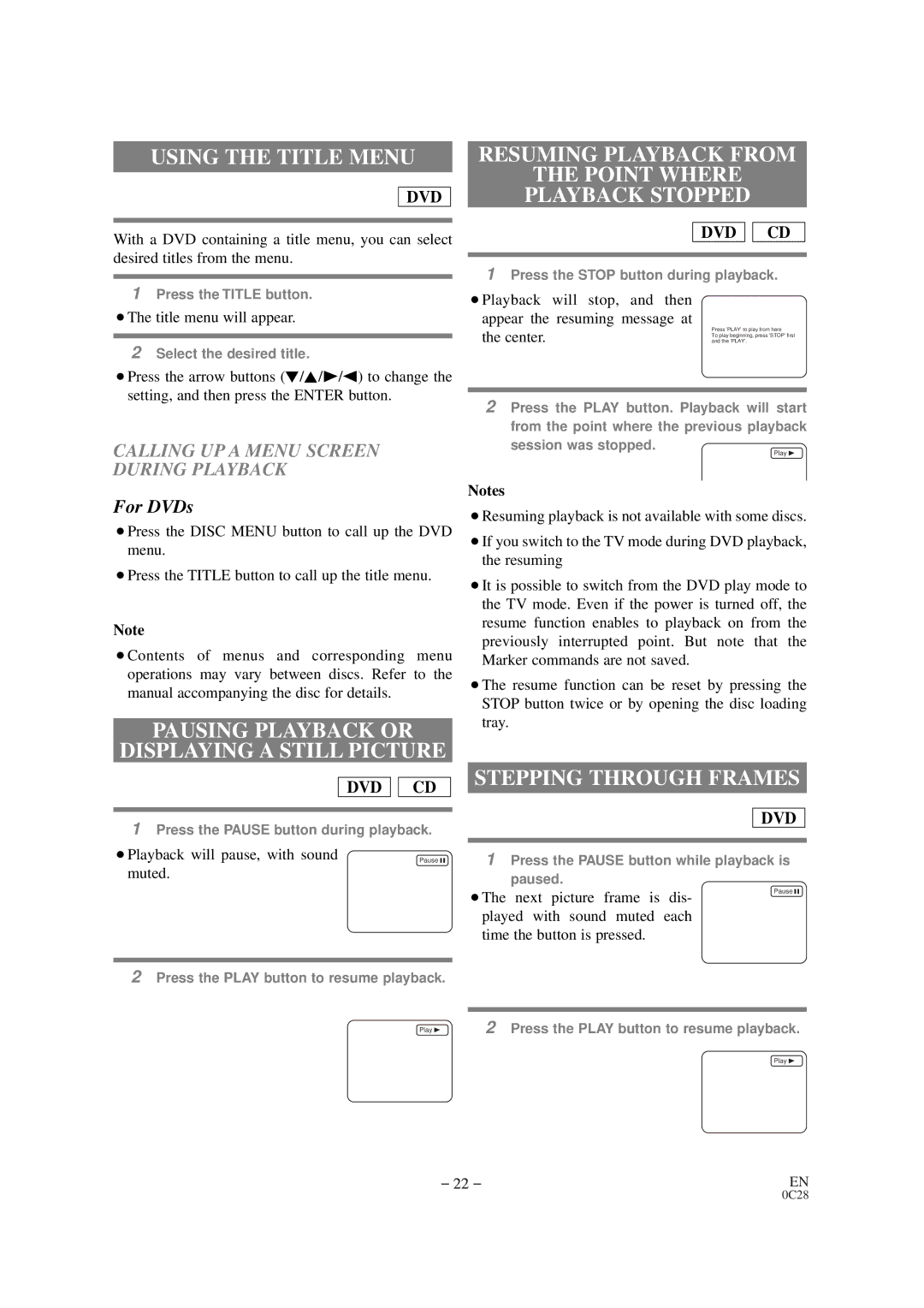 Emerson EWC19D1 owner manual Using the Title Menu, Pausing Playback or Displaying a Still Picture, Stepping Through Frames 