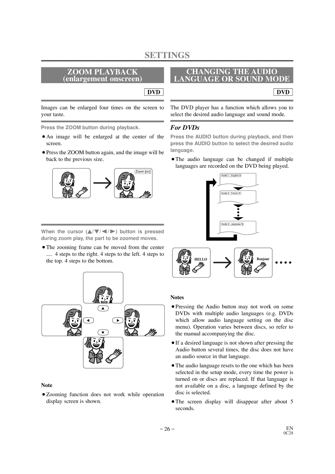 Emerson EWC19D1 owner manual Settings, Zoom Playback, Changing the Audio Language or Sound Mode 