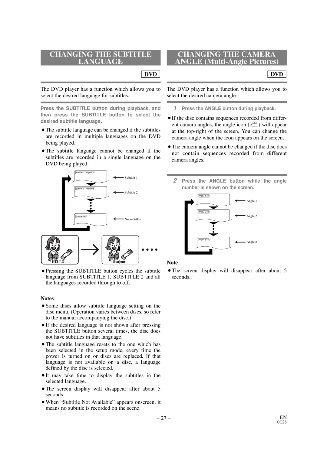 Emerson EWC19D1 owner manual Changing the Subtitle Language, Changing the Camera Angle Multi-Angle Pictures 