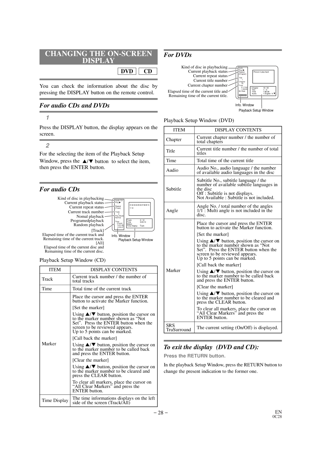 Emerson EWC19D1 owner manual Changing the ON-SCREEN Display, Playback Setup Window CD 