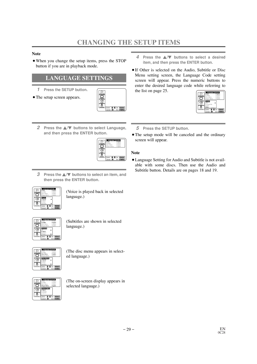 Emerson EWC19D1 owner manual Changing the Setup Items, Language Settings, ¡The setup screen appears 