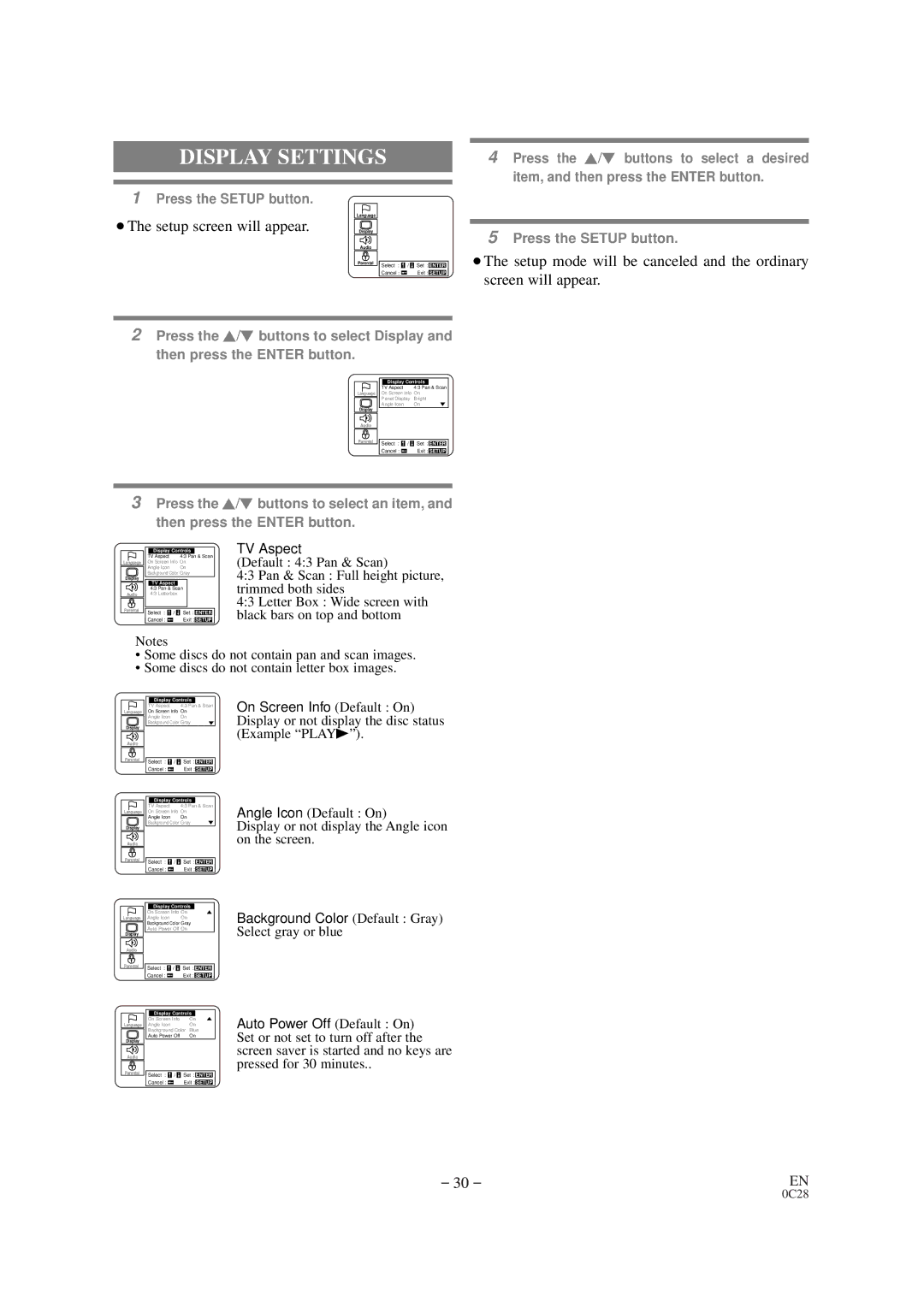 Emerson EWC19D1 owner manual Display Settings, ¡The setup screen will appear 