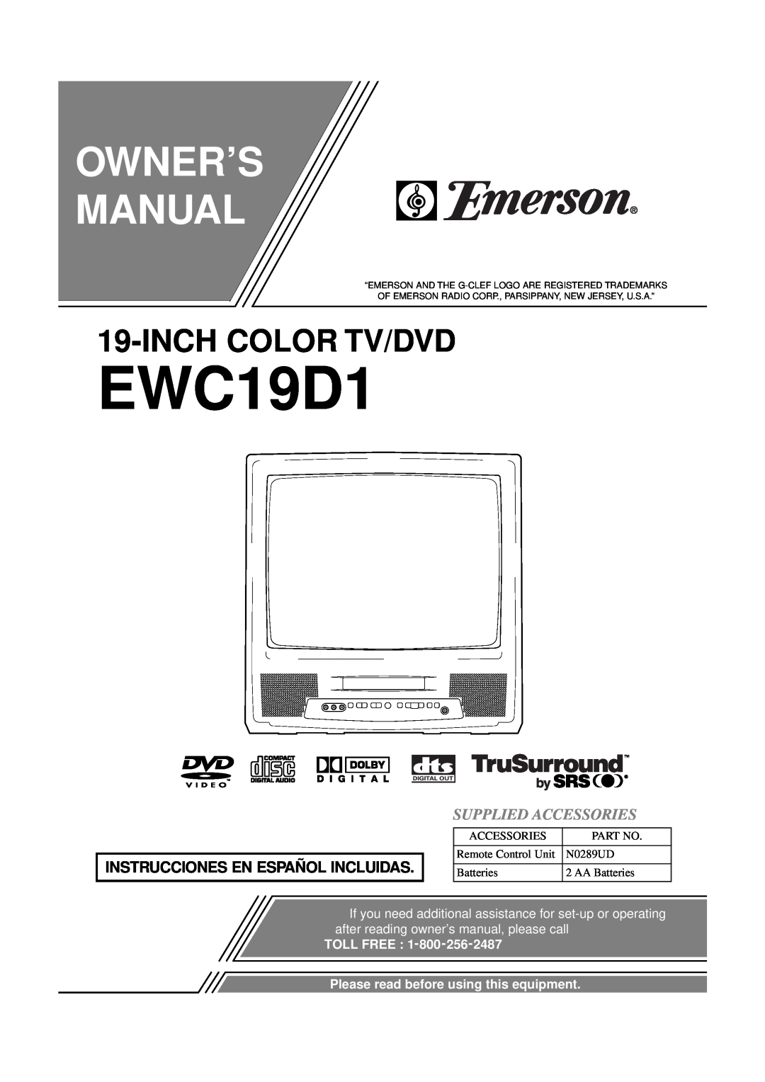 Emerson EWC19D1 owner manual Instrucciones En Español Incluidas, Supplied Accessories, Owner’S Manual, Inch Color Tv/Dvd 