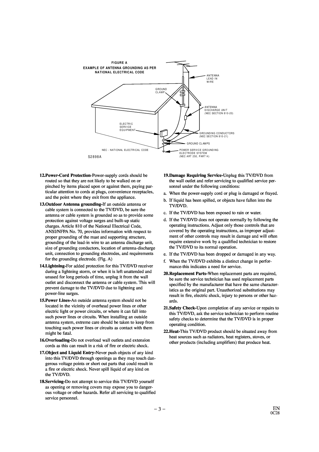 Emerson EWC19D1 owner manual S2 8 9 8 A, F Igure A Example Of Antenna Grounding As Per, National Elect Rical Code 
