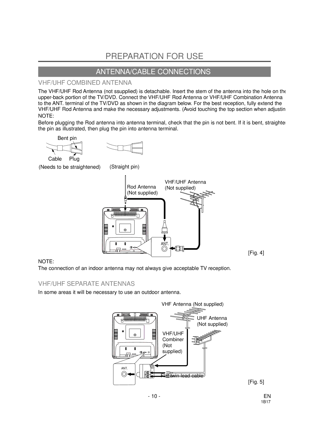 Emerson EWC19DA Preparation for USE, ANTENNA/CABLE Connections, VHF/UHF Combined Antenna, VHF/UHF Separate Antennas 