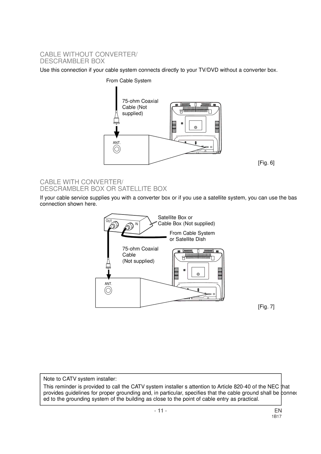 Emerson EWC19DA owner manual Cable Without Converter Descrambler BOX, Cable with Converter Descrambler BOX or Satellite BOX 