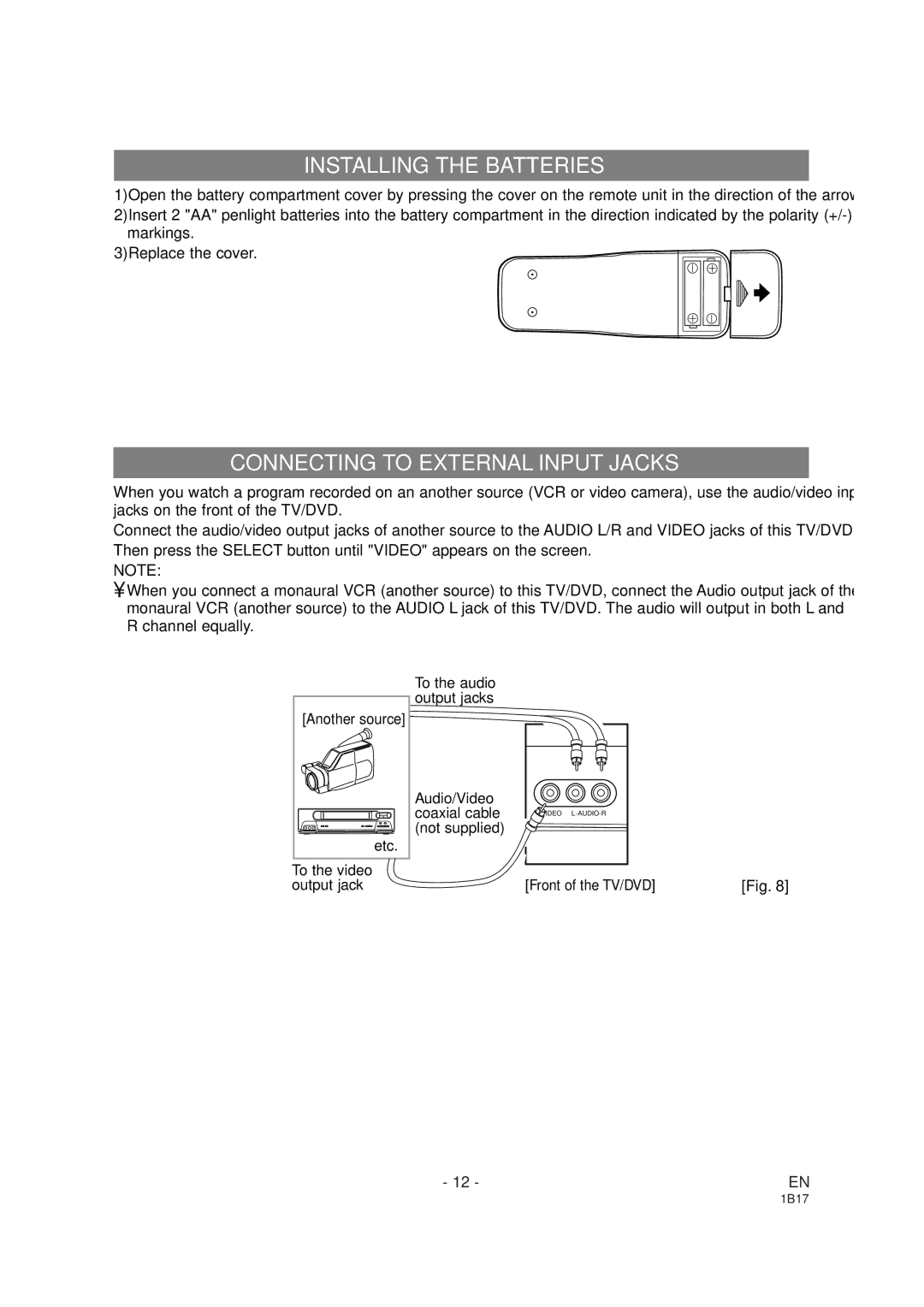 Emerson EWC19DA owner manual Installing the Batteries, Connecting to External Input Jacks 