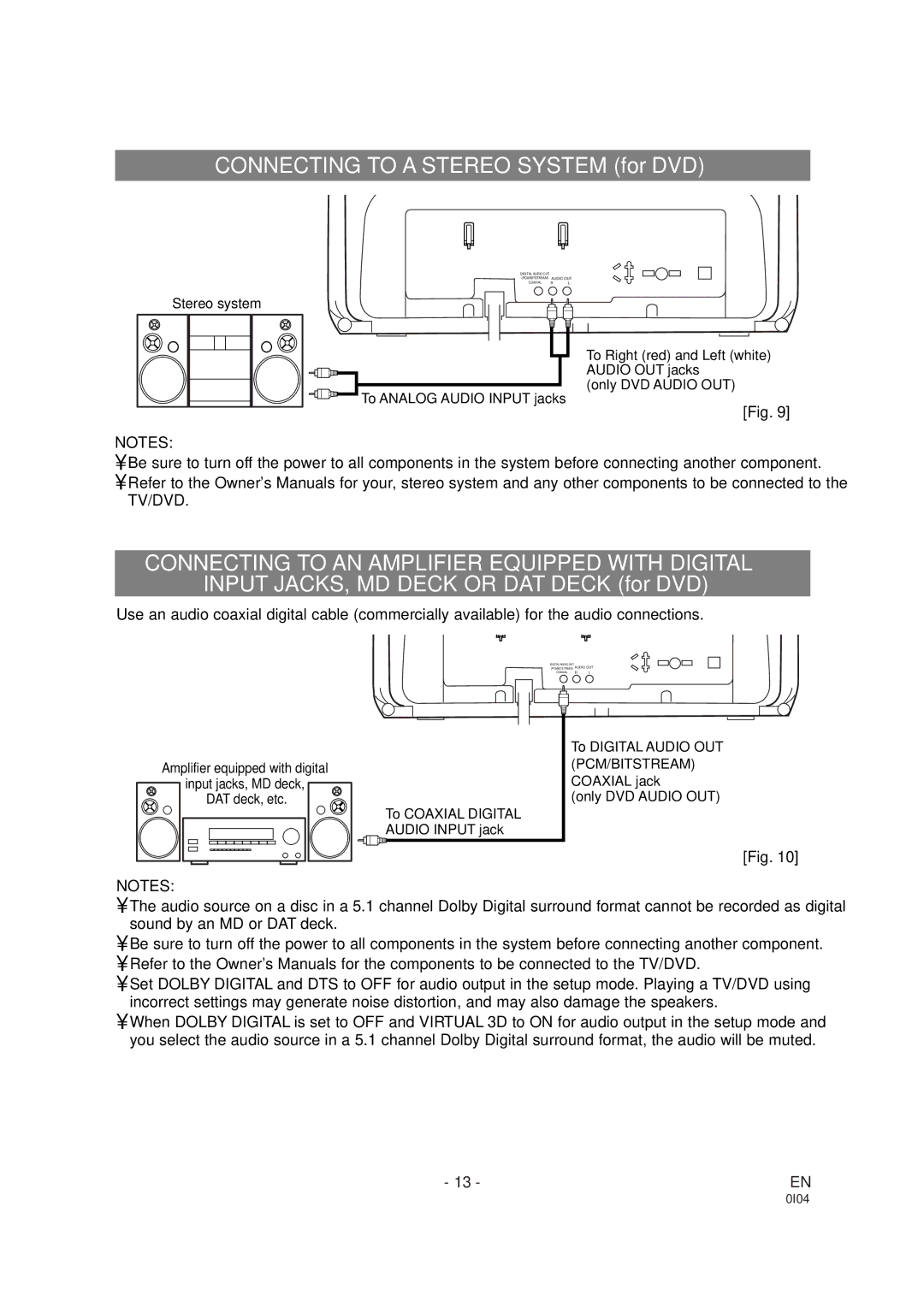 Emerson EWC19DA owner manual Connecting to a Stereo System for DVD, Connecting to AN Amplifier Equipped with Digital 