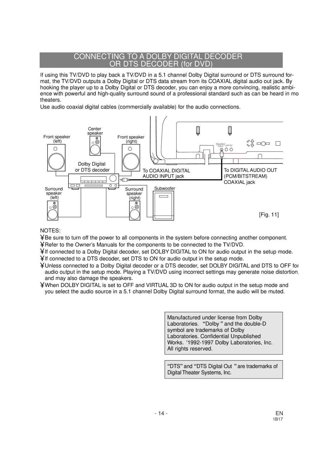 Emerson EWC19DA owner manual Connecting to a Dolby Digital Decoder, Or DTS Decoder for DVD 