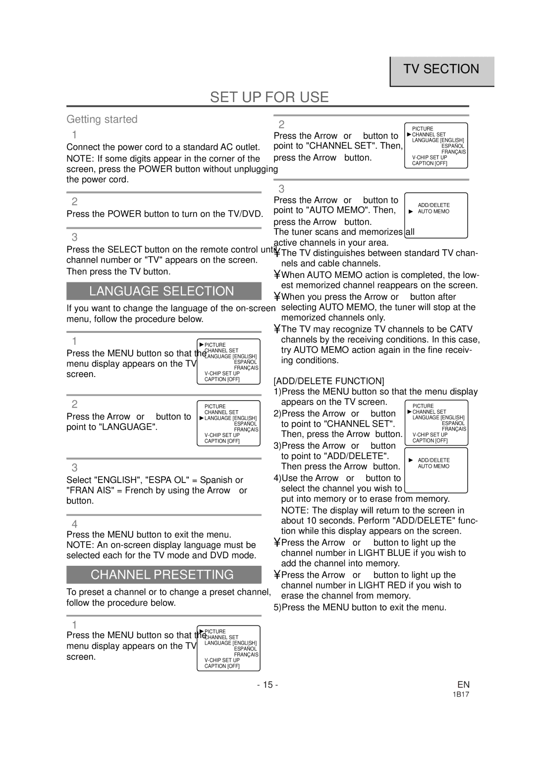 Emerson EWC19DA owner manual SET UP for USE, Language Selection, Channel Presetting, ADD/DELETE Function 