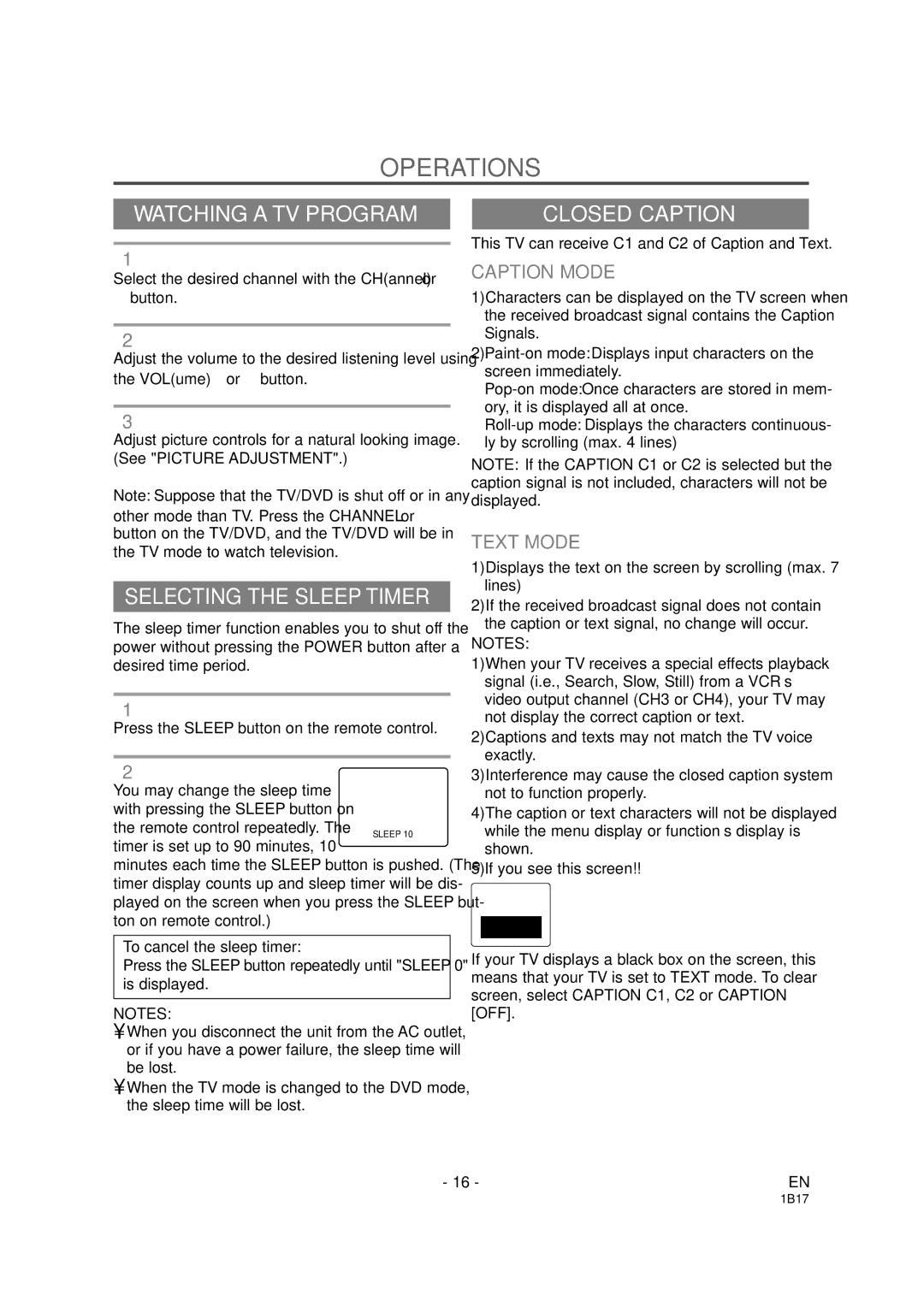 Emerson EWC19DA owner manual Operations, Watching a TV Program, Selecting the Sleep Timer, Closed Caption 