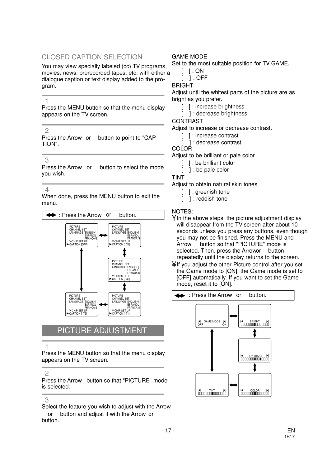 Emerson EWC19DA owner manual Picture Adjustment, Closed Caption Selection 