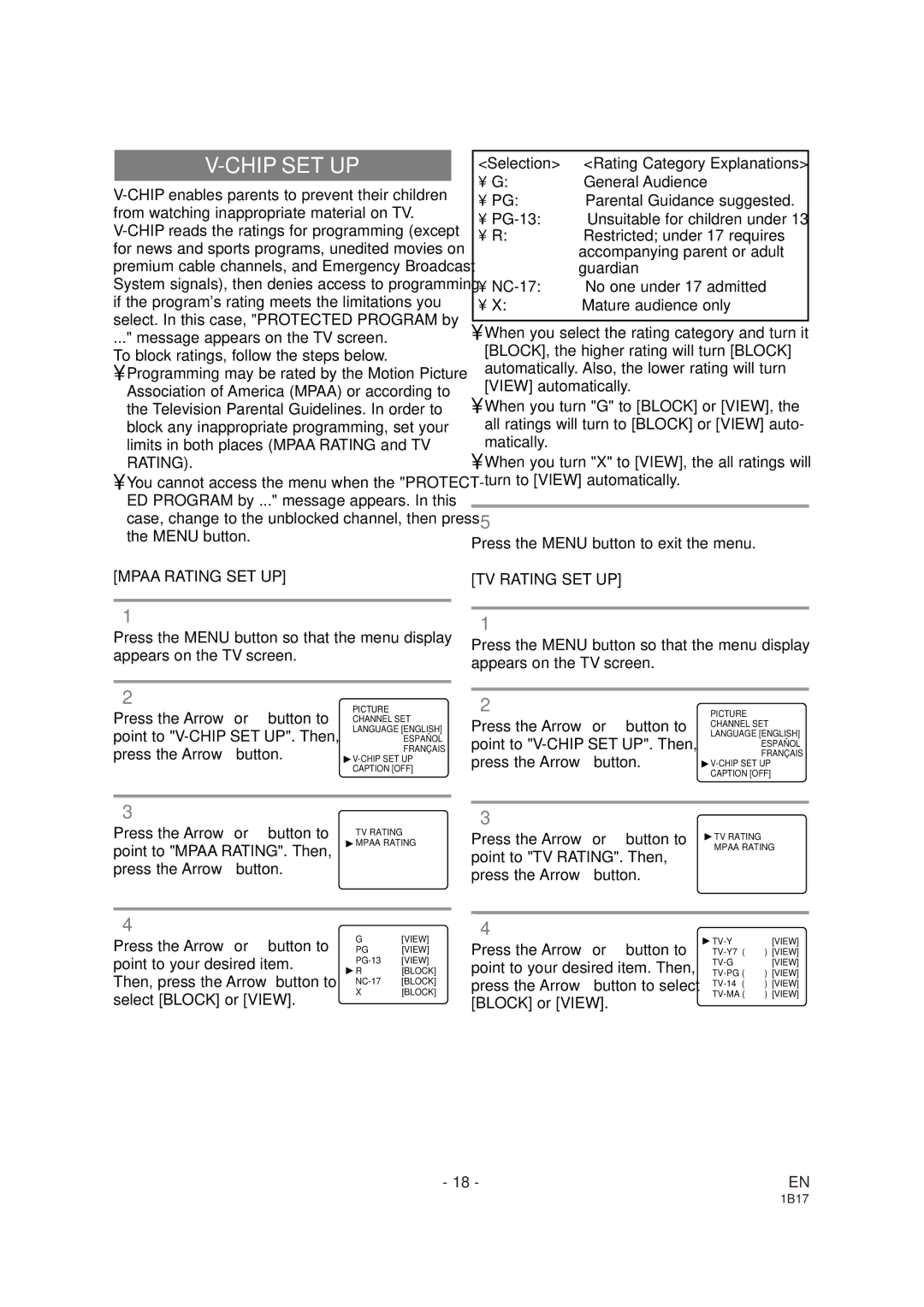 Emerson EWC19DA owner manual Chip SET UP, Mpaa Rating SET UP, Selection Rating Category Explanations, TV Rating SET UP 