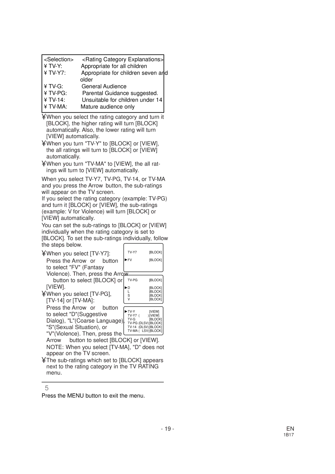 Emerson EWC19DA owner manual When you select TV-Y7, When you select TV-PG, TV-14 or TV-MA 