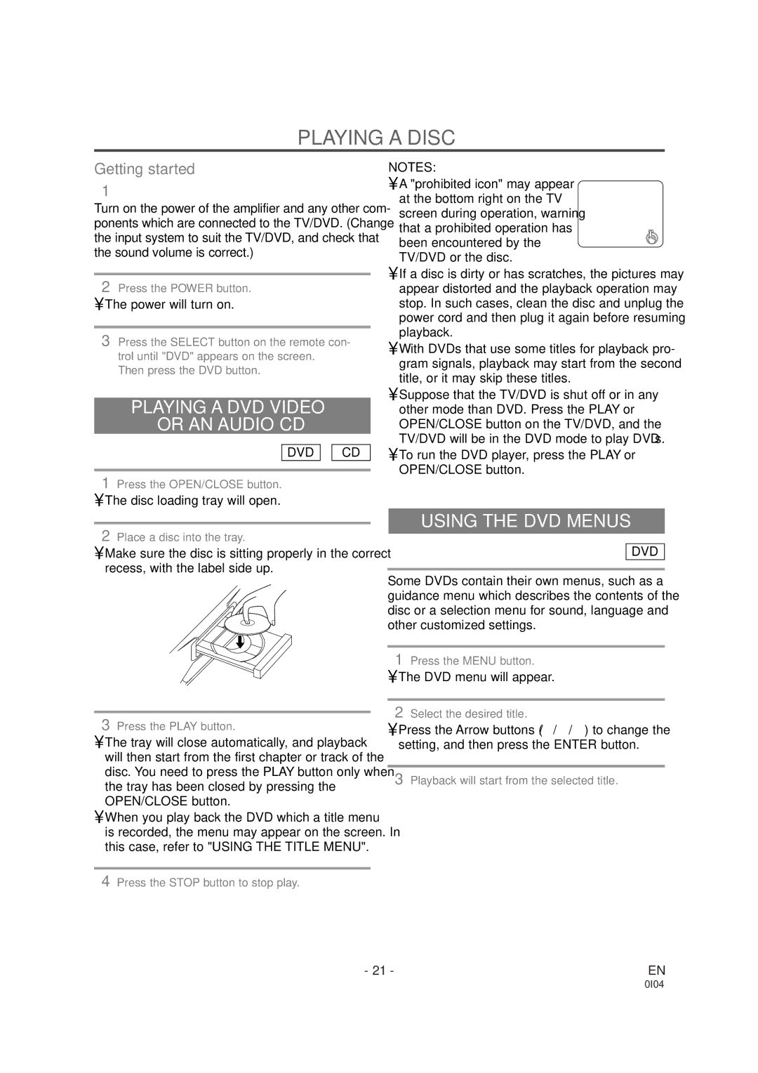 Emerson EWC19DA owner manual Playing a Disc, Playing a DVD Video Or AN Audio CD, Using the DVD Menus, Dvd Cd 