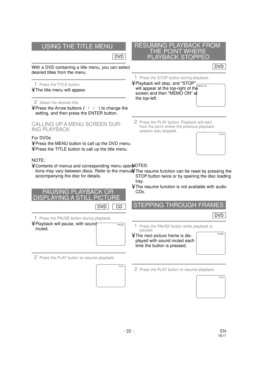 Emerson EWC19DA owner manual Using the Title Menu, Pausing Playback or Displaying a Still Picture, Stepping Through Frames 