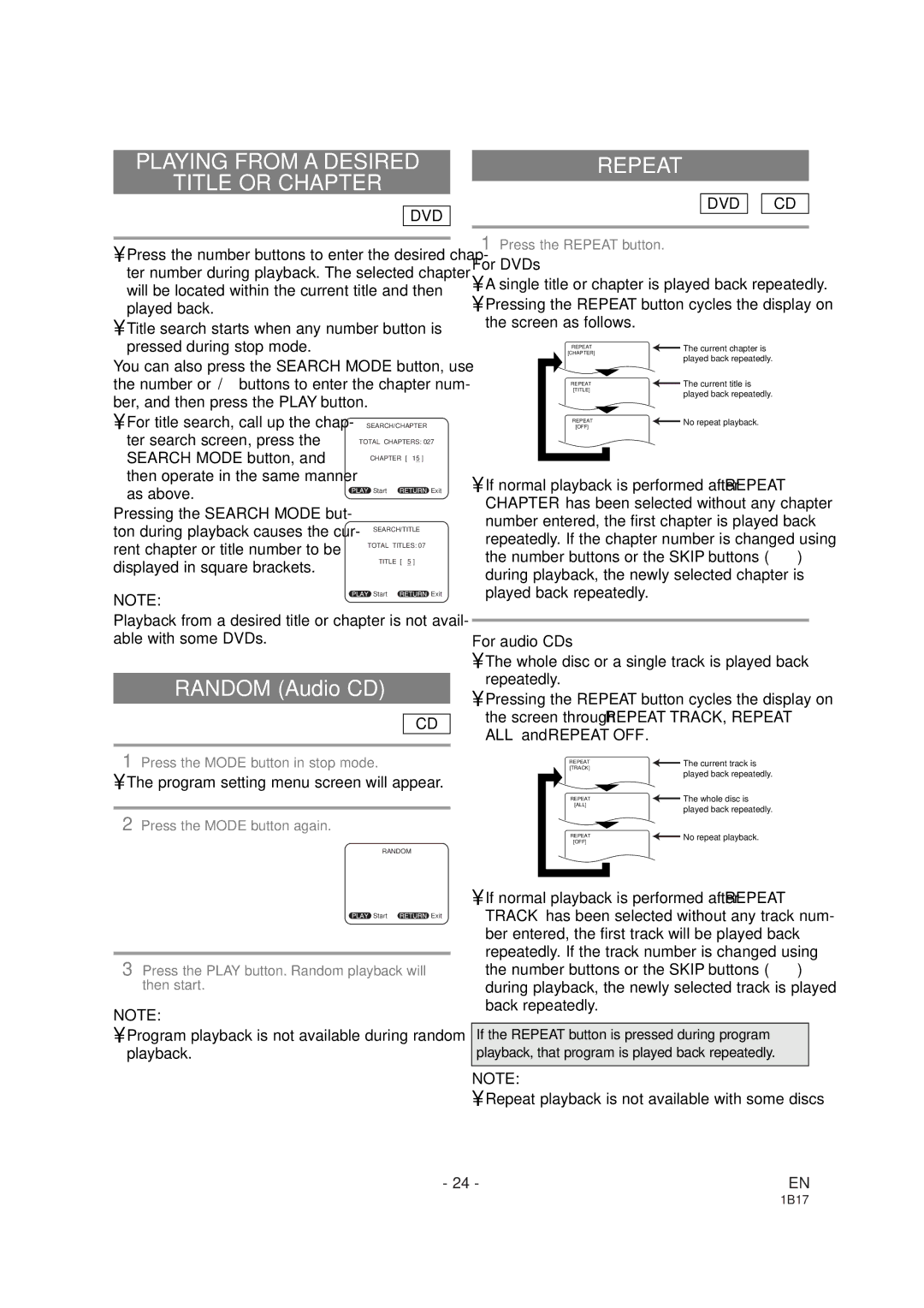 Emerson EWC19DA owner manual Playing from a Desired Title or Chapter, Repeat, Program setting menu screen will appear 