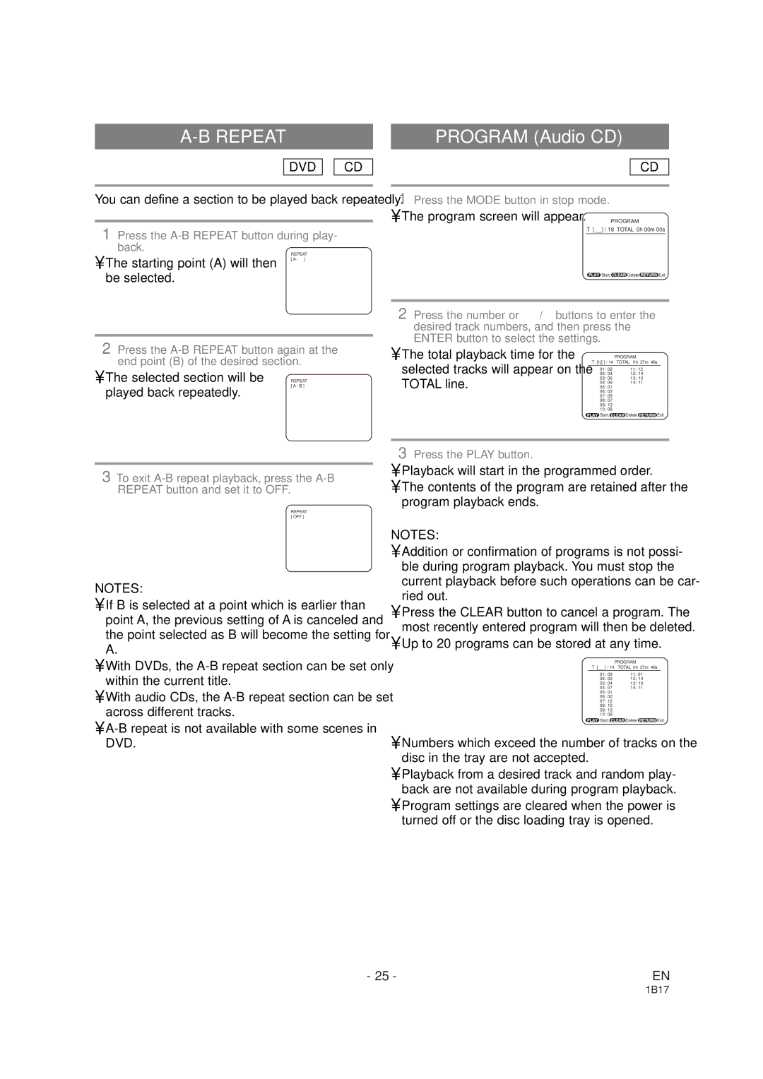 Emerson EWC19DA You can define a section to be played back repeatedly, Starting point a will then, Be selected, Total line 