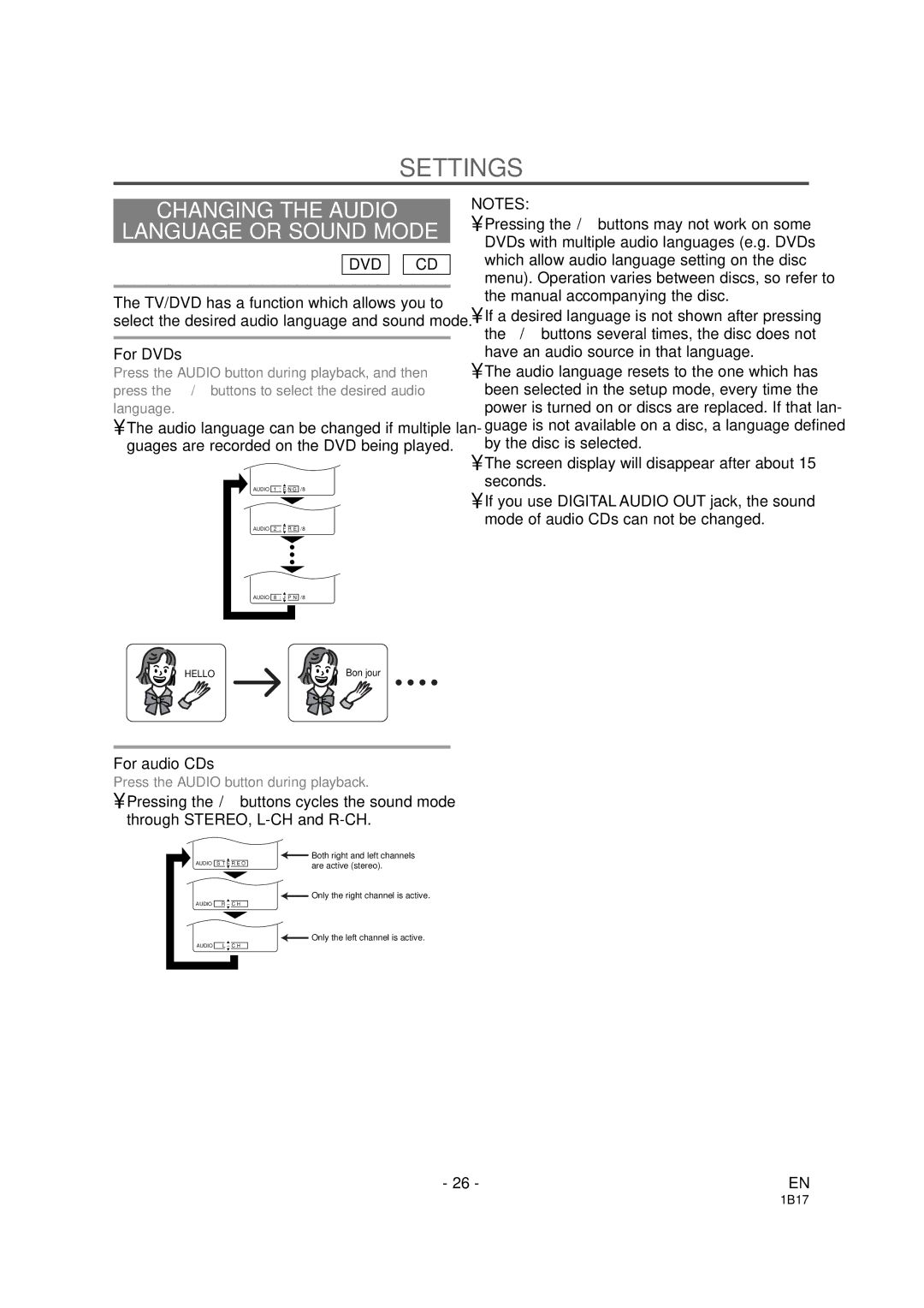 Emerson EWC19DA owner manual Settings, Changing the Audio Language or Sound Mode 