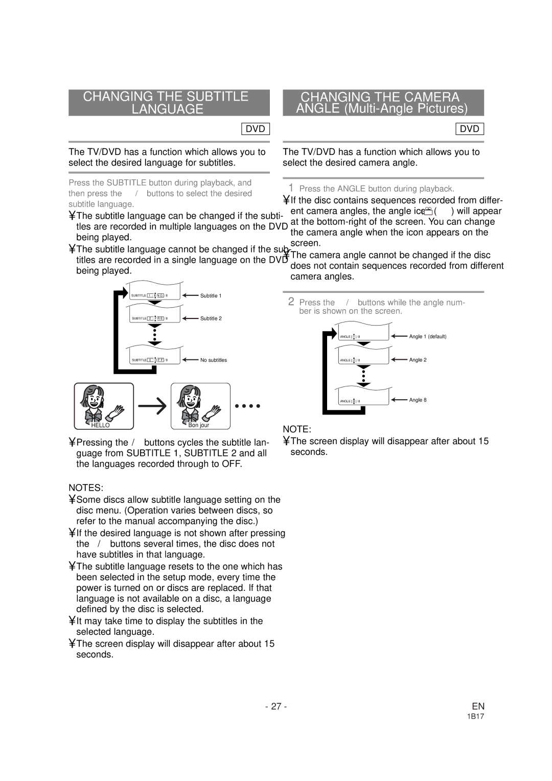 Emerson EWC19DA owner manual Changing the Subtitle Language, Changing the Camera Angle Multi-Angle Pictures 