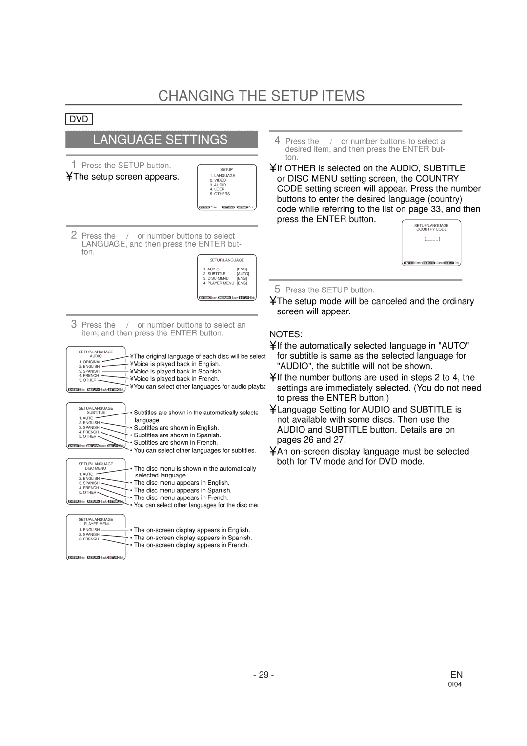 Emerson EWC19DA owner manual Changing the Setup Items, Language Settings, Setup screen appears 