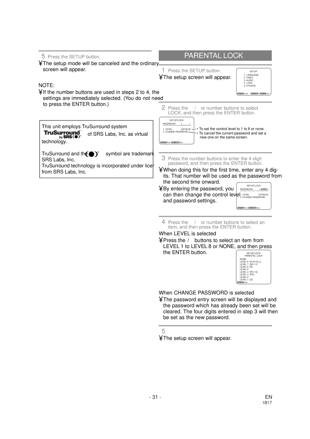 Emerson EWC19DA owner manual Parental Lock, Can then change the control level, Password settings 