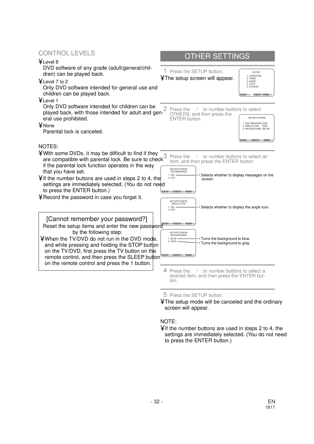 Emerson EWC19DA owner manual Other Settings, Control Levels 