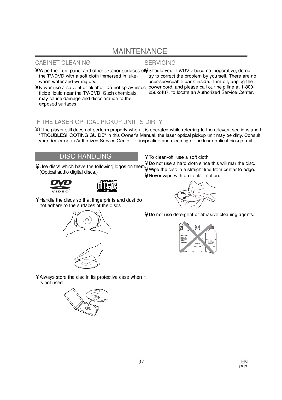 Emerson EWC19DA Maintenance, Disc Handling, Cabinet Cleaning, Servicing, If the Laser Optical Pickup Unit is Dirty 