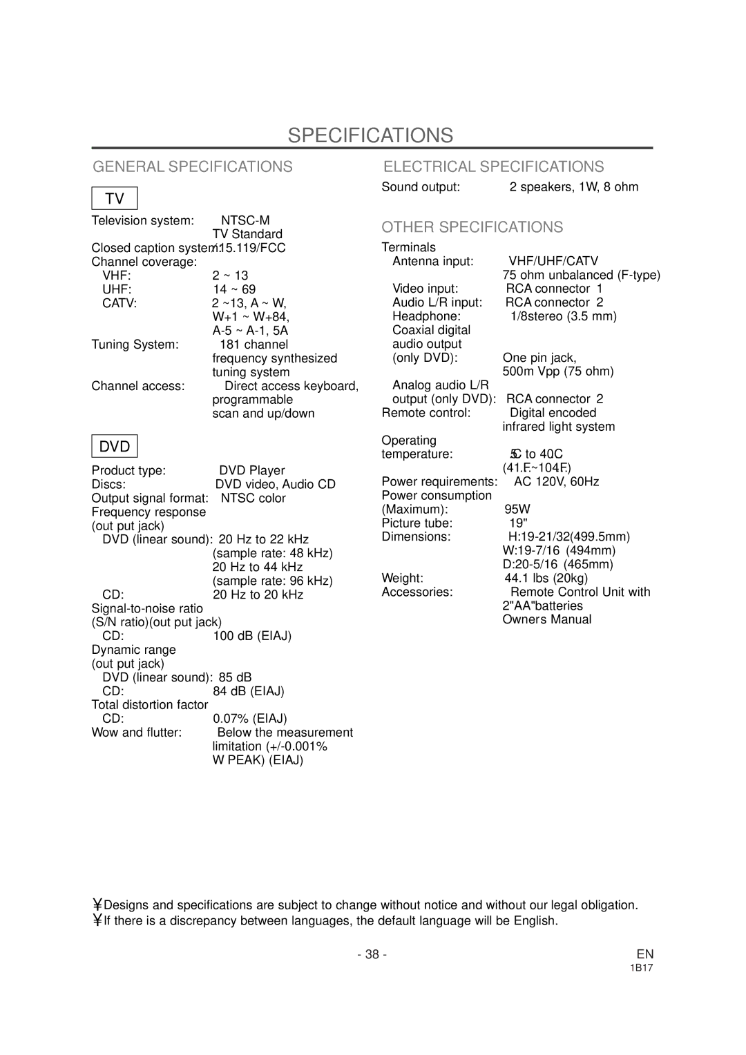 Emerson EWC19DA owner manual General Specifications, Electrical Specifications, Other Specifications 