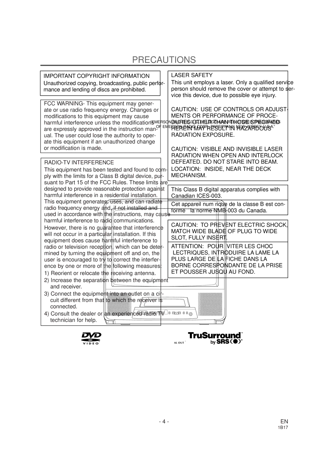 Emerson EWC19DA owner manual Precautions, Important Copyright Information, RADIO-TV Interference, Laser Safety 