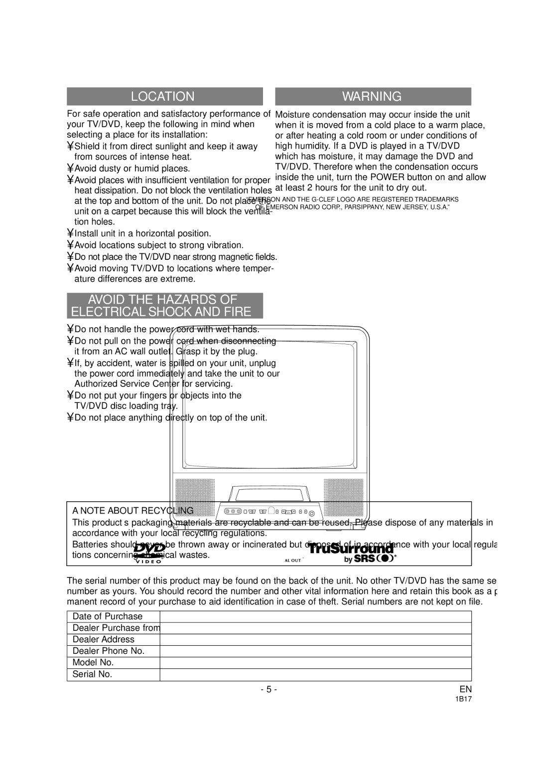 Emerson EWC19DA owner manual Location, Avoid the Hazards Electrical Shock and Fire 