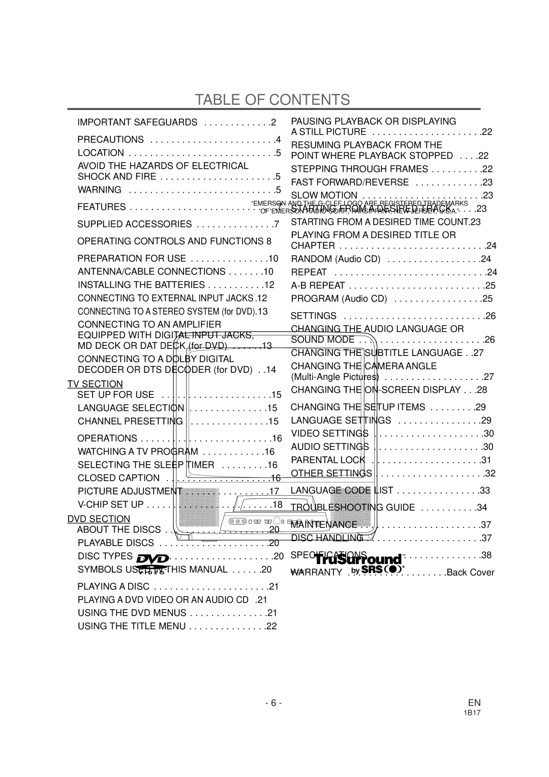 Emerson EWC19DA owner manual Table of Contents 