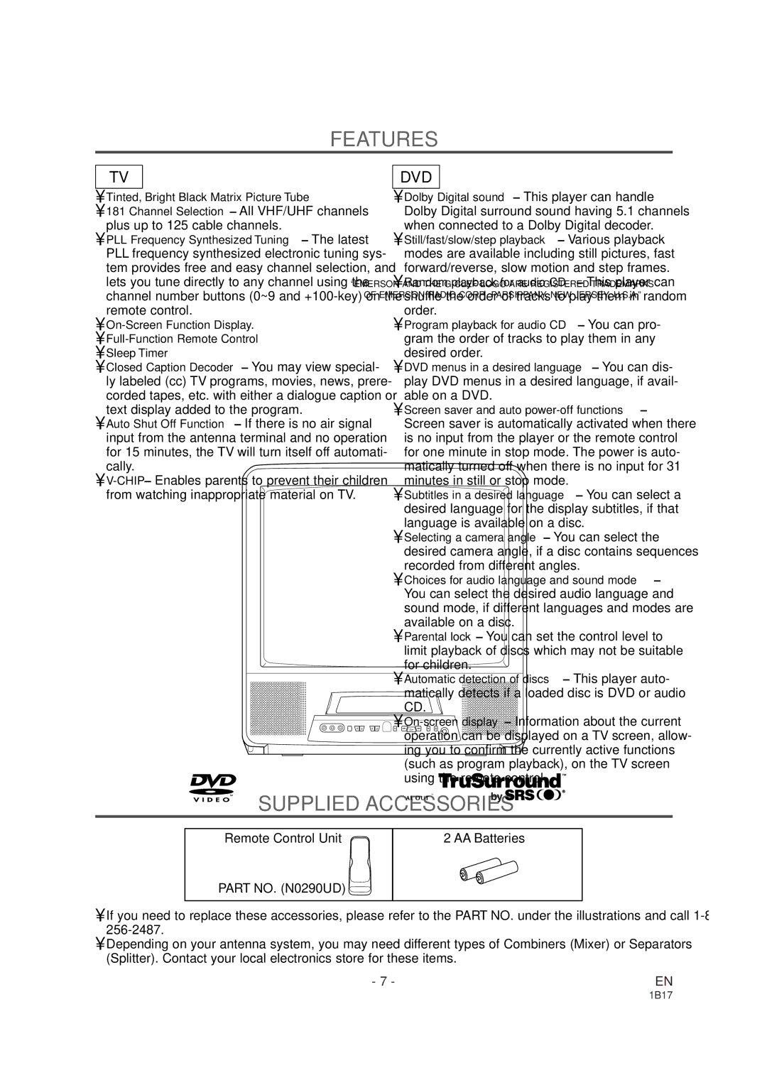 Emerson EWC19DA owner manual Features, Supplied Accessories 