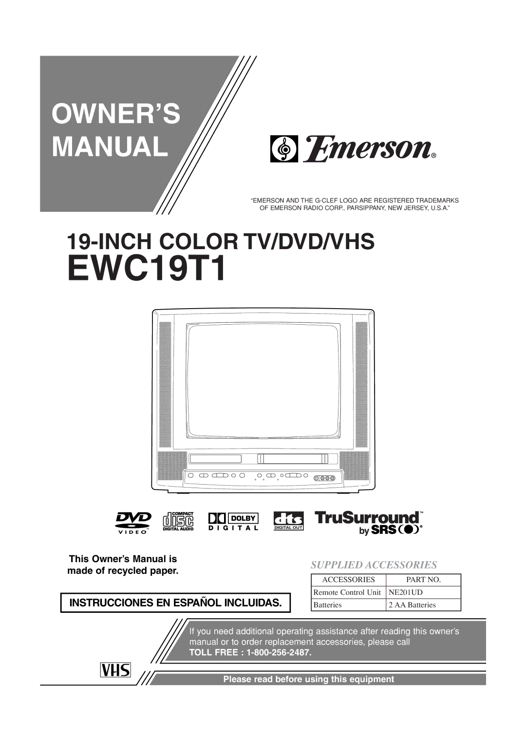 Emerson EWC19T1 owner manual OWNER’S Manual, Supplied Accessories 