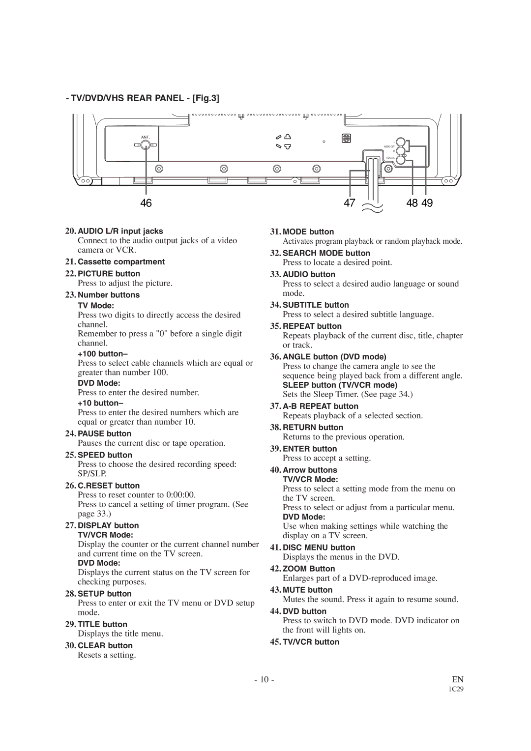 Emerson EWC19T1 Connect to the audio output jacks of a video camera or VCR, Press to adjust the picture, Resets a setting 