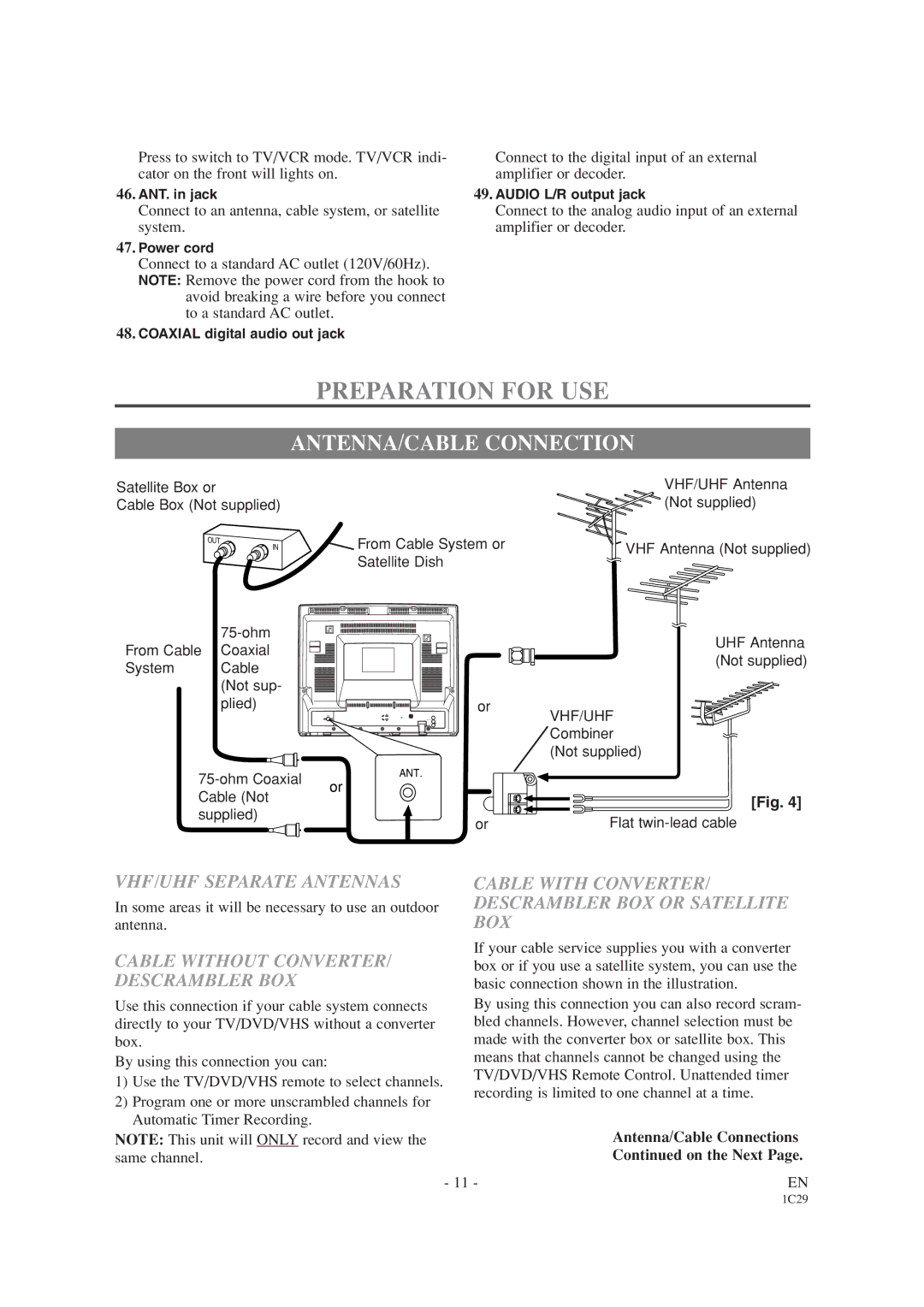 Emerson EWC19T1 owner manual Preparation for USE, ANTENNA/CABLE Connection, VHF/UHF Separate Antennas 