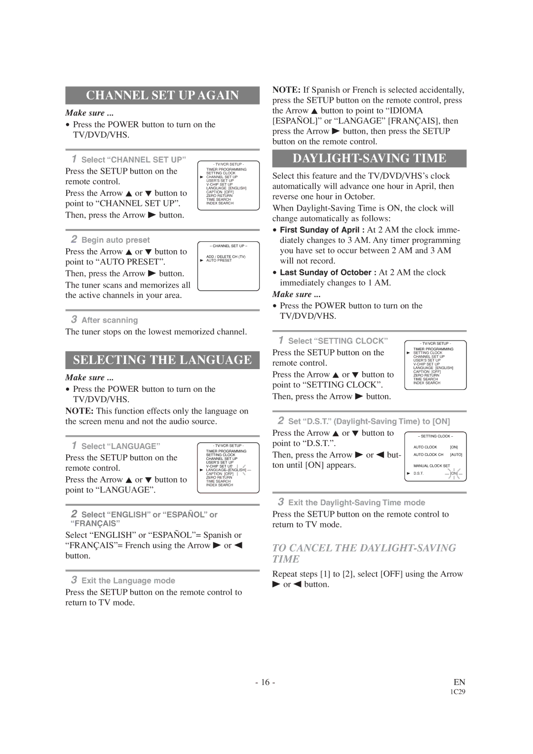 Emerson EWC19T1 owner manual Channel SET UP Again, Selecting the Language, To Cancel the DAYLIGHT-SAVING Time 