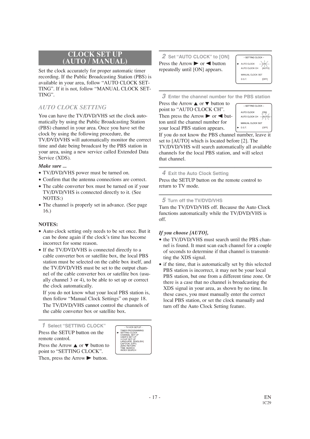 Emerson EWC19T1 owner manual Clock SET UP Auto / Manual, Auto Clock Setting 