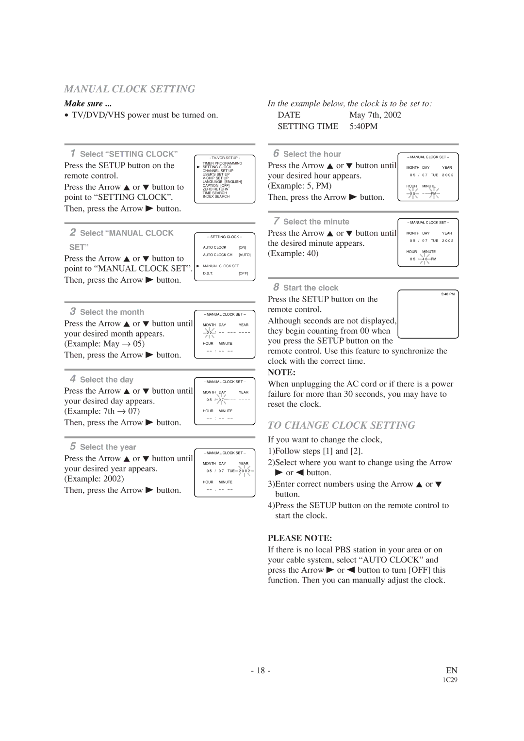 Emerson EWC19T1 owner manual Manual Clock Setting, To Change Clock Setting, Please Note 