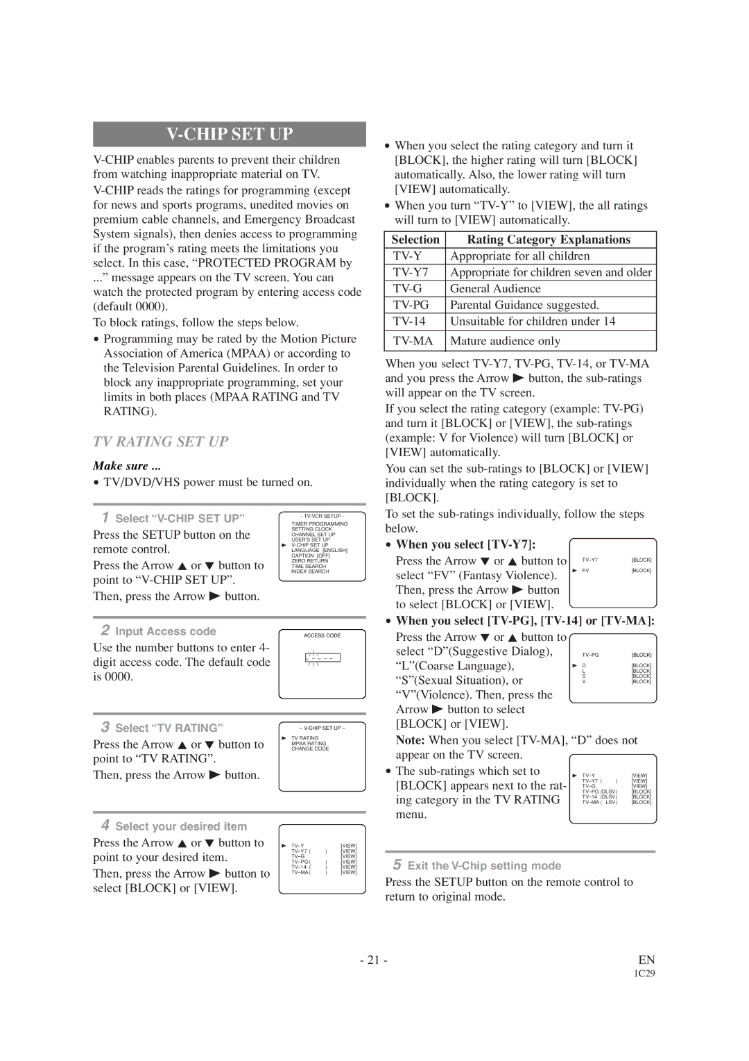 Emerson EWC19T1 owner manual Chip SET UP, TV Rating SET UP, Selection Rating Category Explanations, When you select TV-Y7 