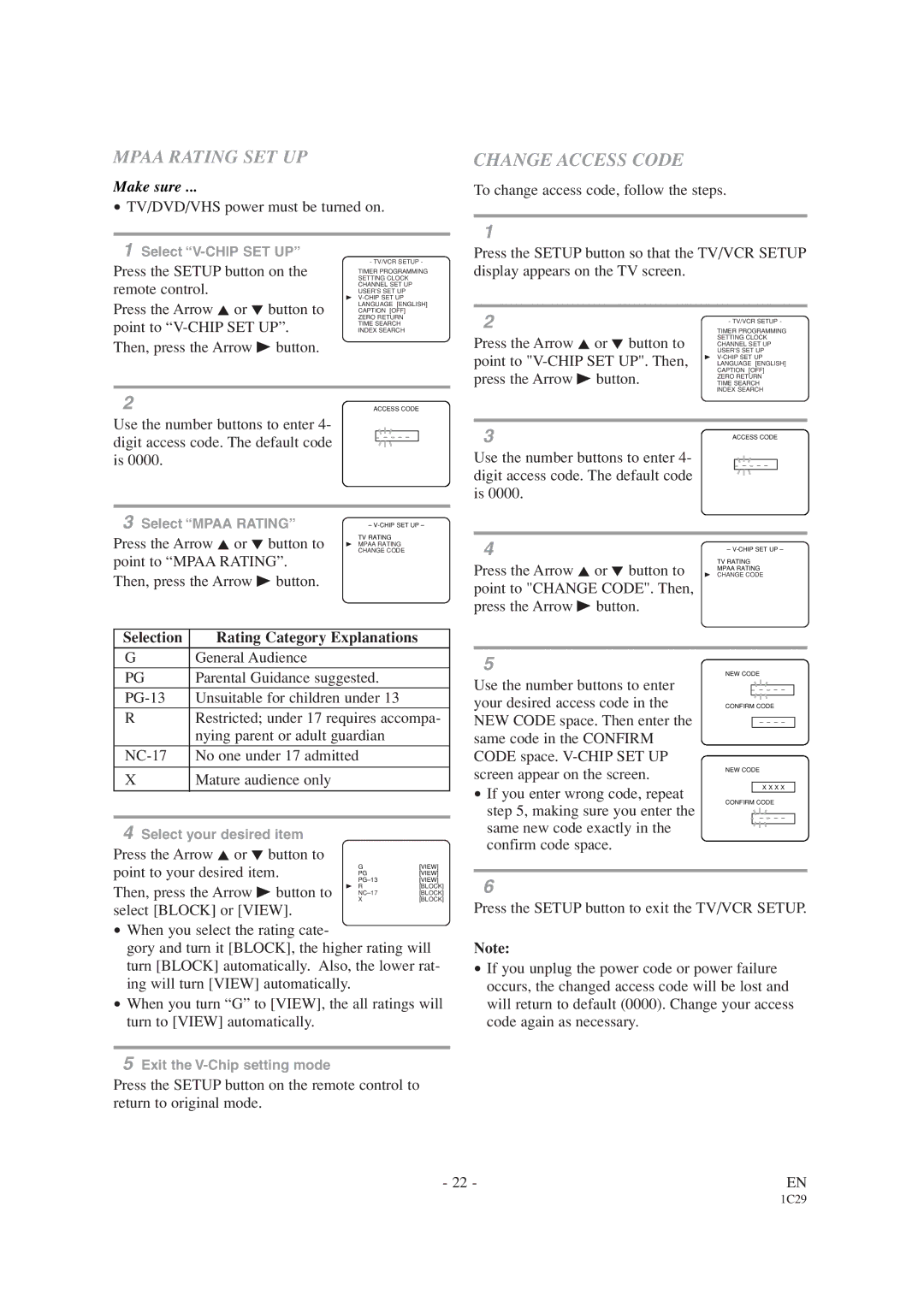 Emerson EWC19T1 owner manual Mpaa Rating SET UP, Change Access Code 