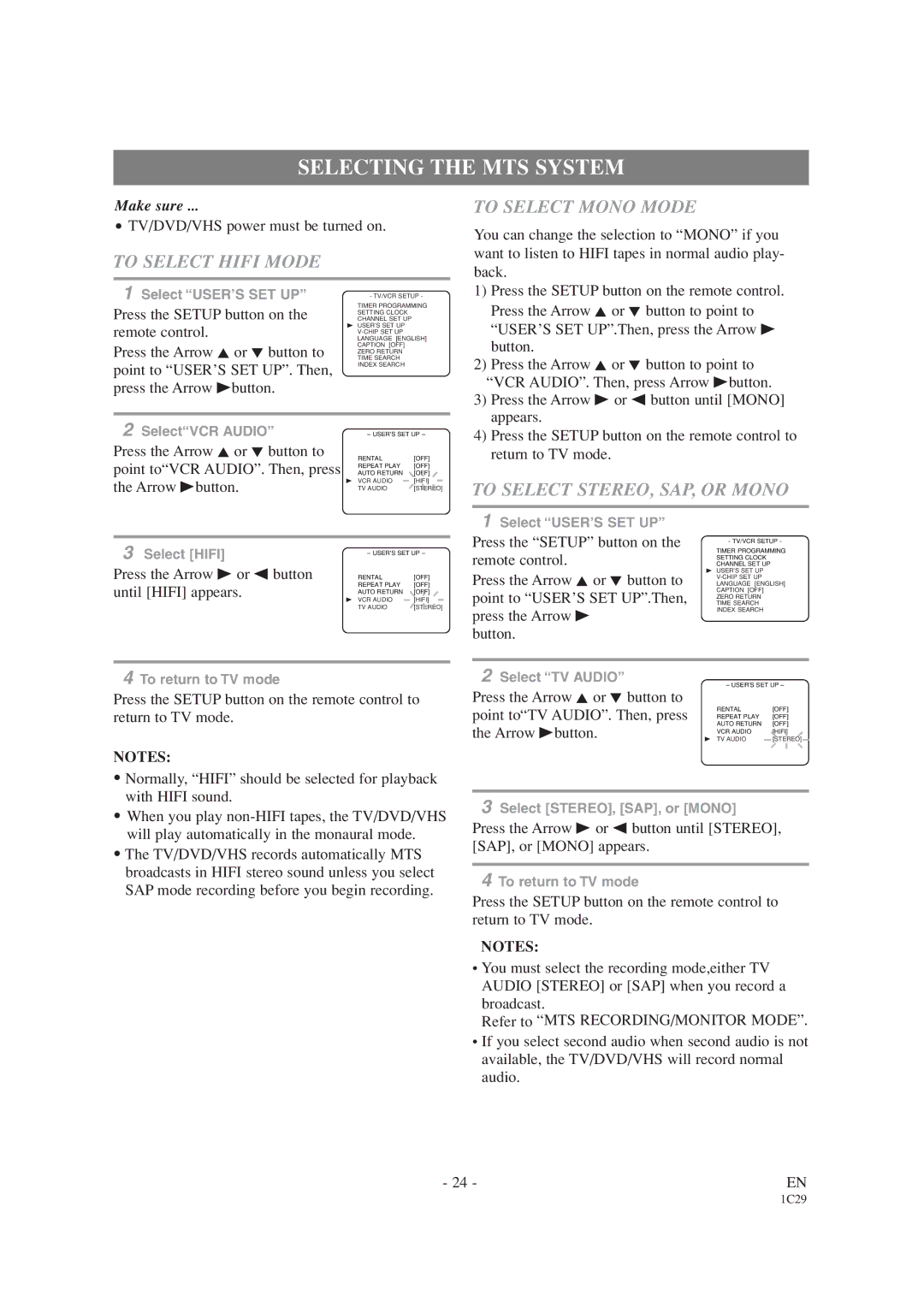 Emerson EWC19T1 Selecting the MTS System, To Select Hifi Mode To Select Mono Mode, To Select STEREO, SAP, or Mono 