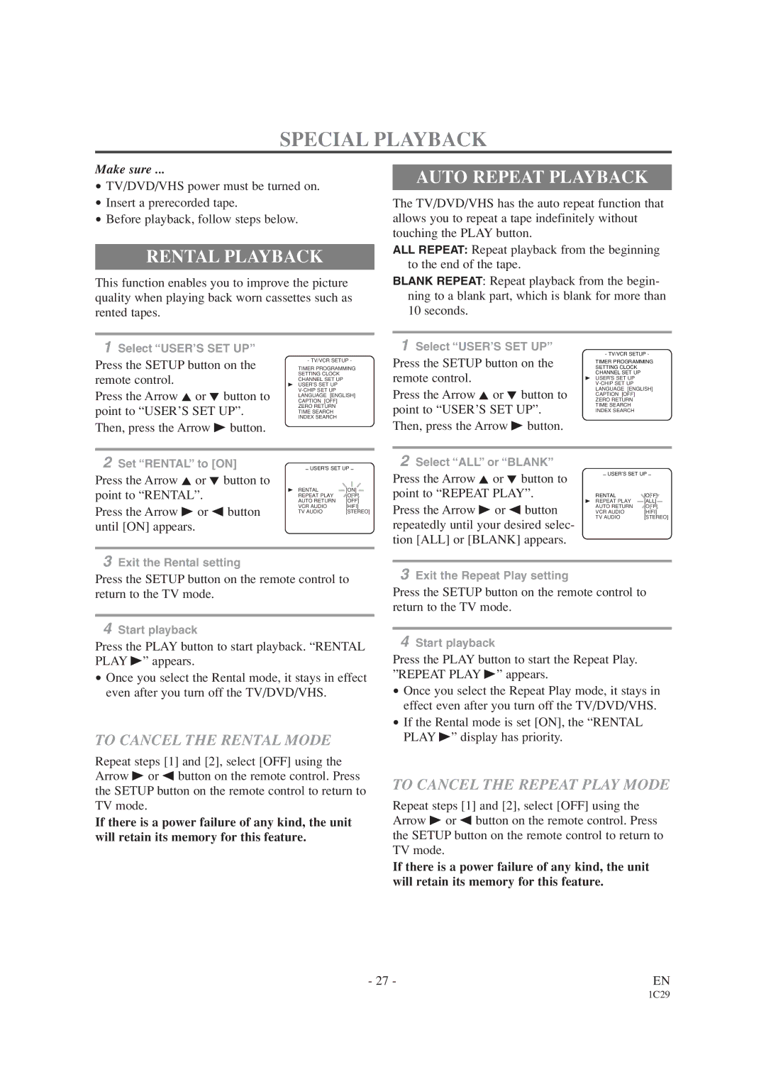 Emerson EWC19T1 owner manual Special Playback, Rental Playback, Auto Repeat Playback, To Cancel the Rental Mode 