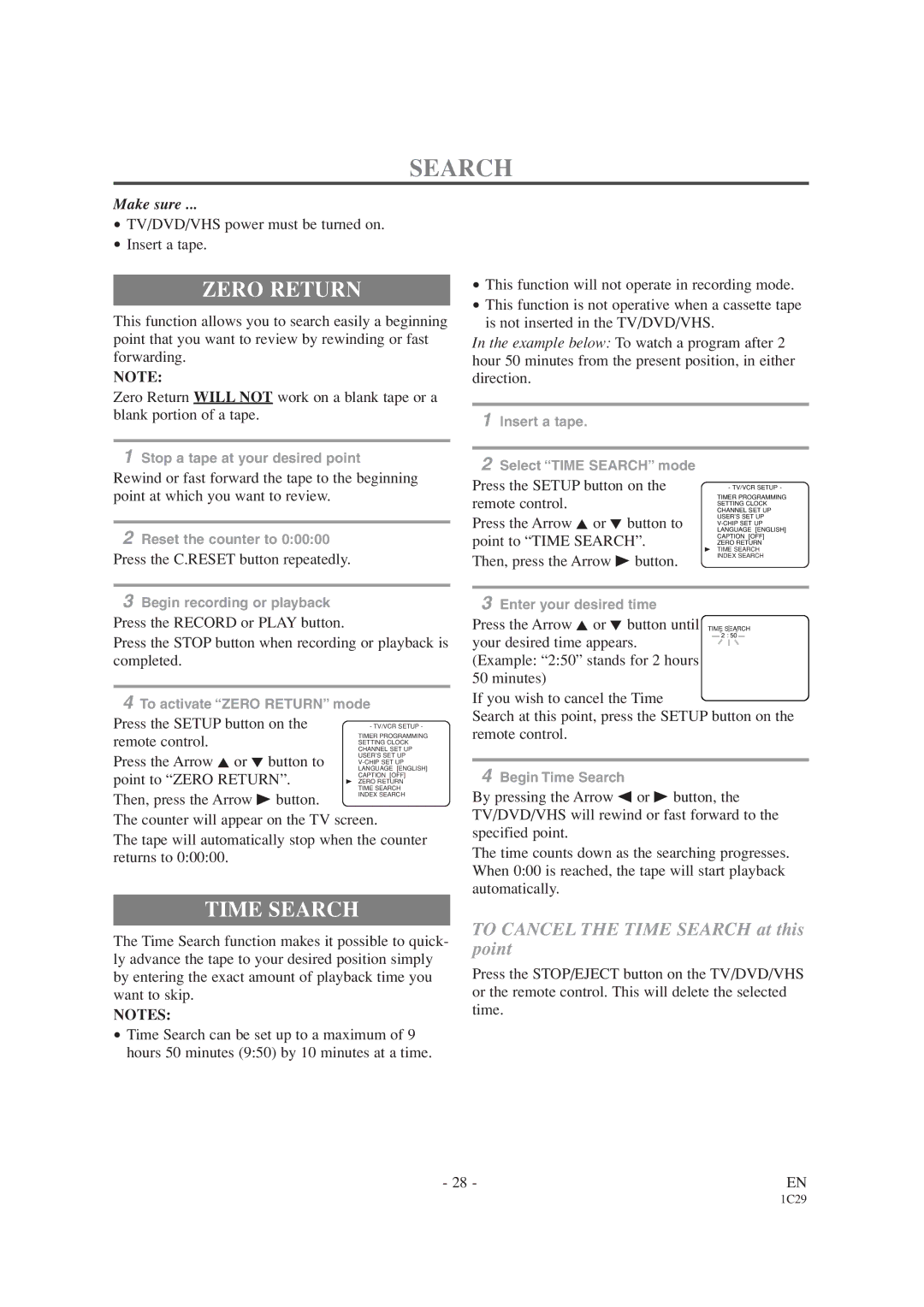 Emerson EWC19T1 owner manual Time Search, TV/DVD/VHS power must be turned on Insert a tape, Point to Zero Return 