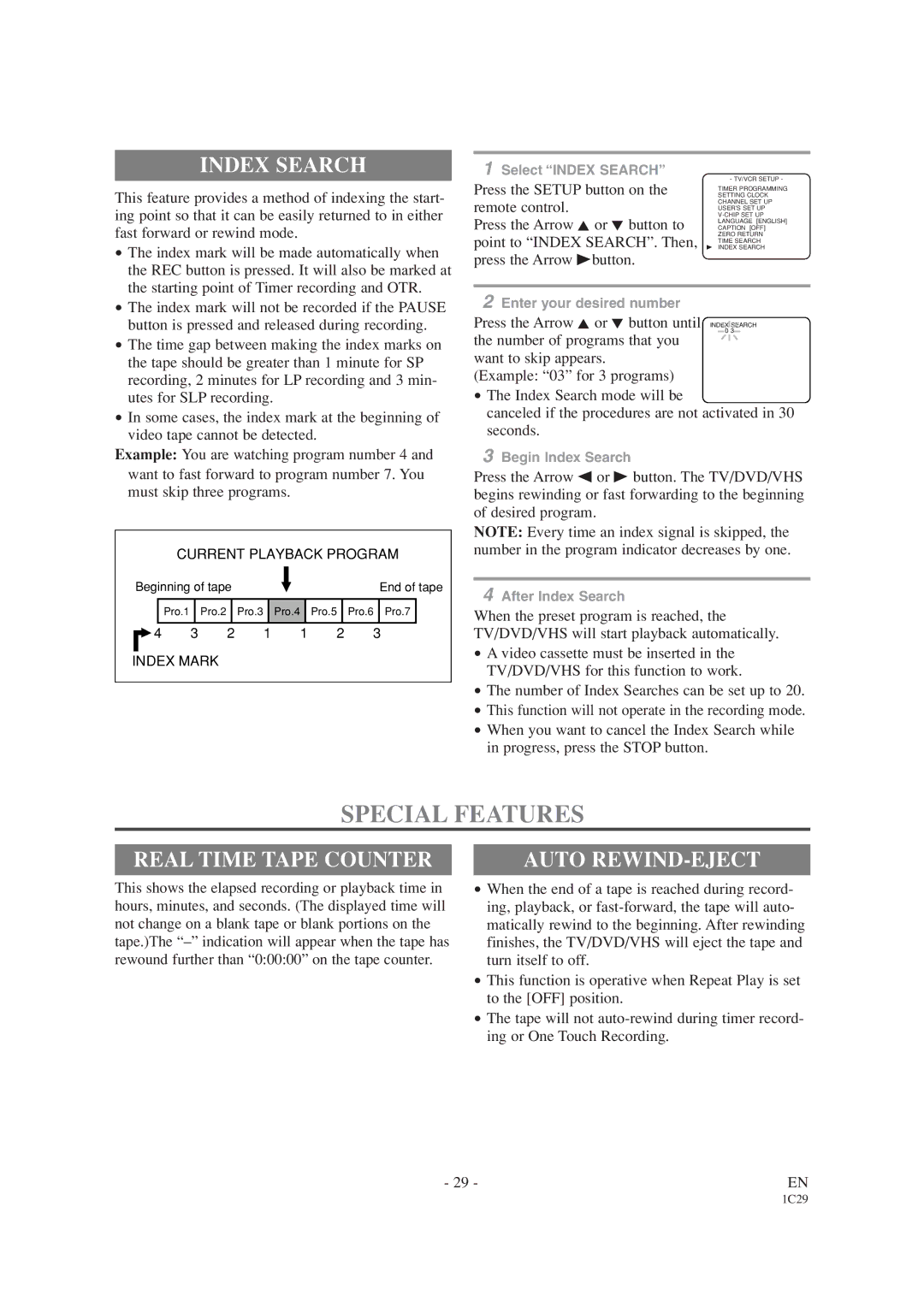 Emerson EWC19T1 owner manual Special Features, Index Search, Real Time Tape Counter, Auto REWIND-EJECT 