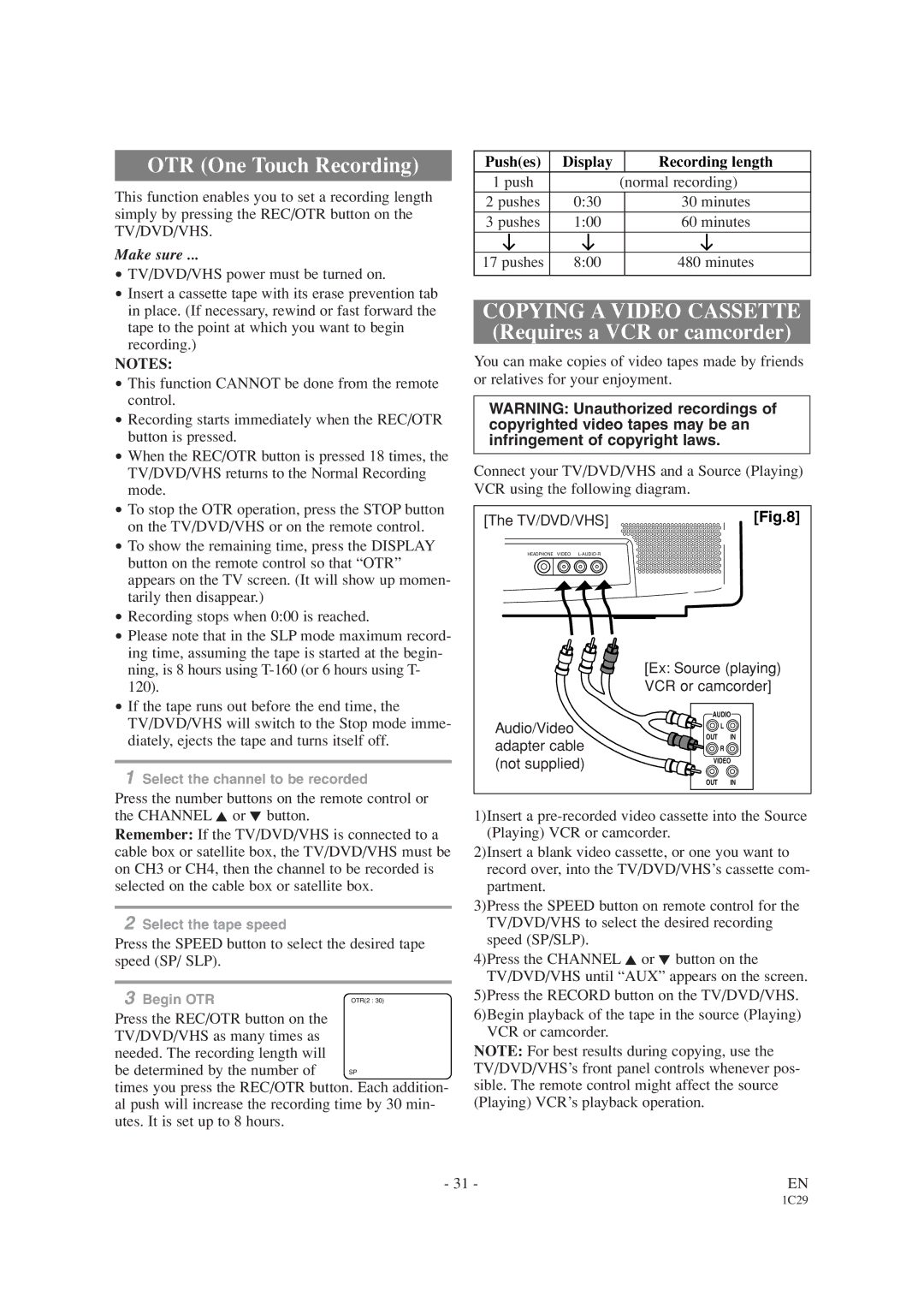 Emerson EWC19T1 owner manual Pushes Display Recording length, Push Normal recording, Minutes Pushes 800 