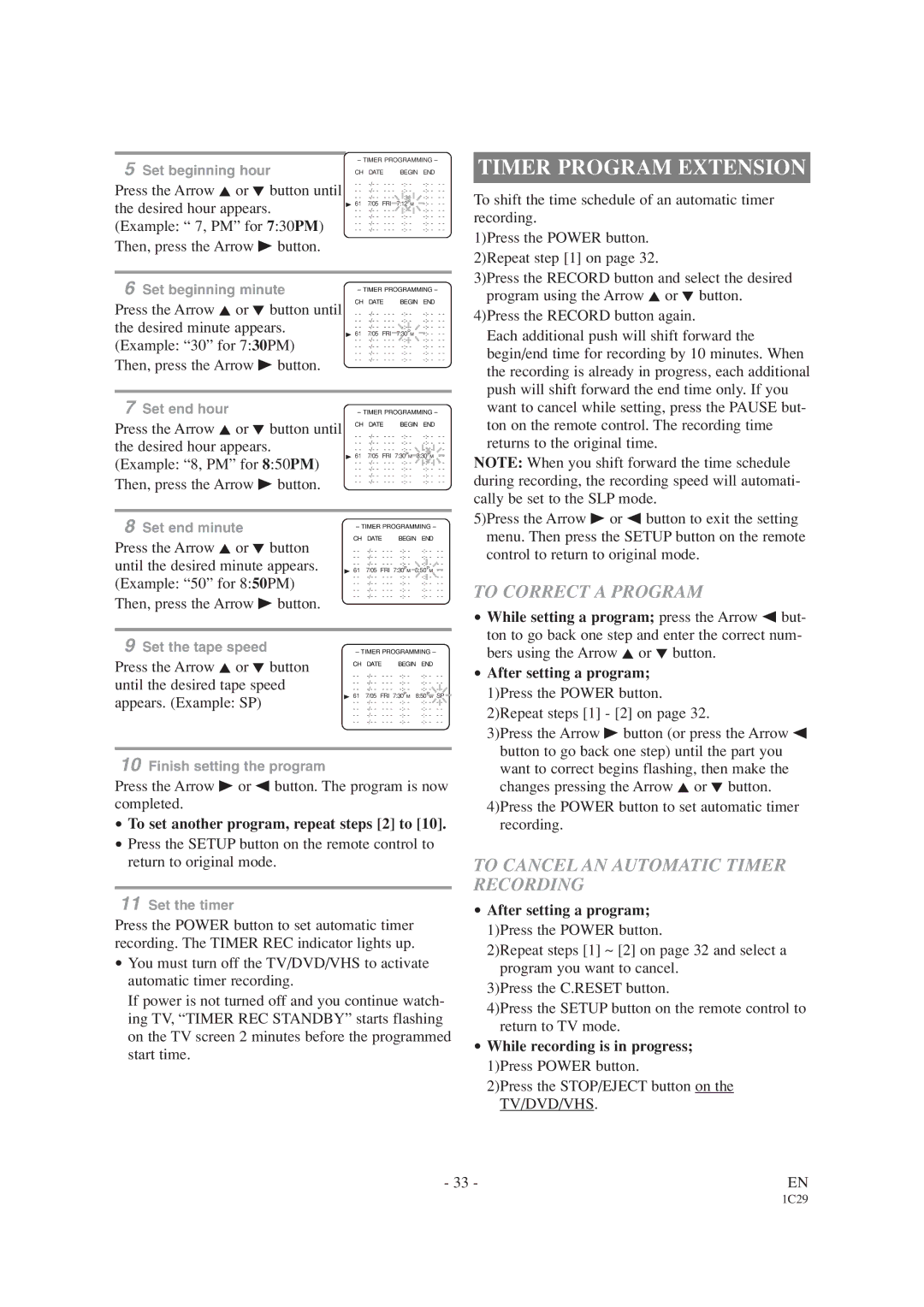 Emerson EWC19T1 owner manual Timer Program Extension, To Correct a Program, To Cancel AN Automatic Timer Recording 