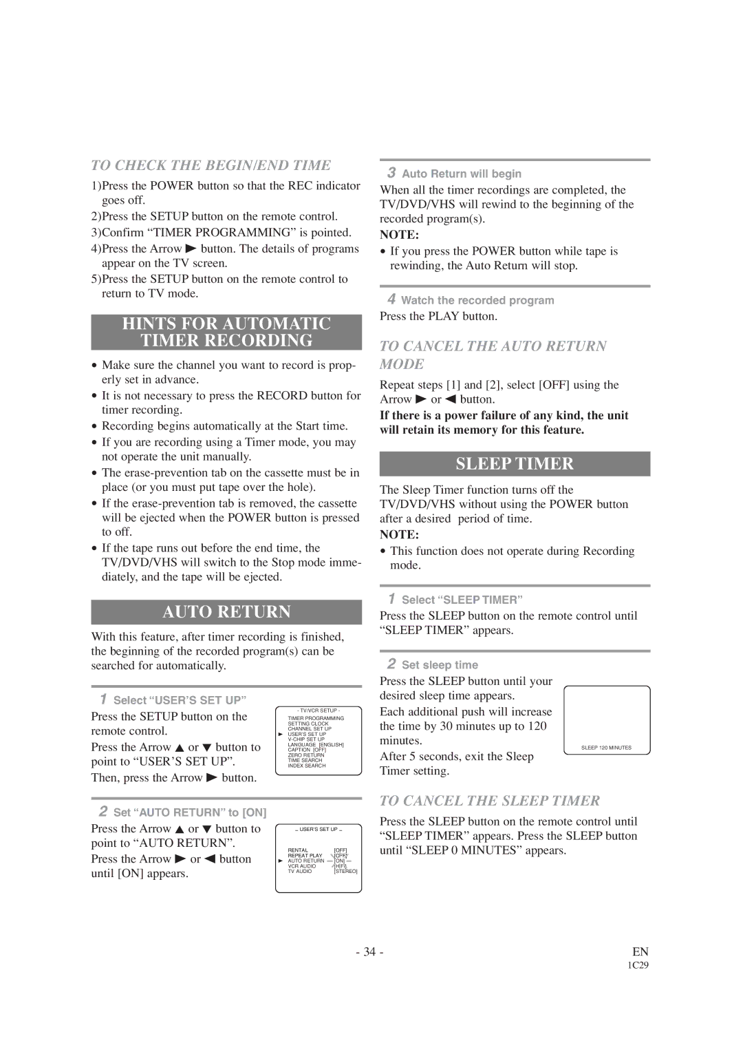 Emerson EWC19T1 owner manual Hints for Automatic Timer Recording, Auto Return, Sleep Timer 